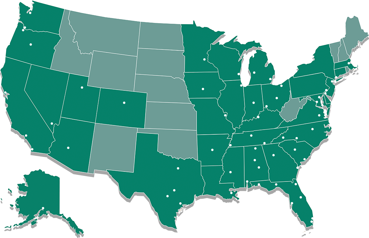 Map of market areas OnBoard Legal serves across the United States